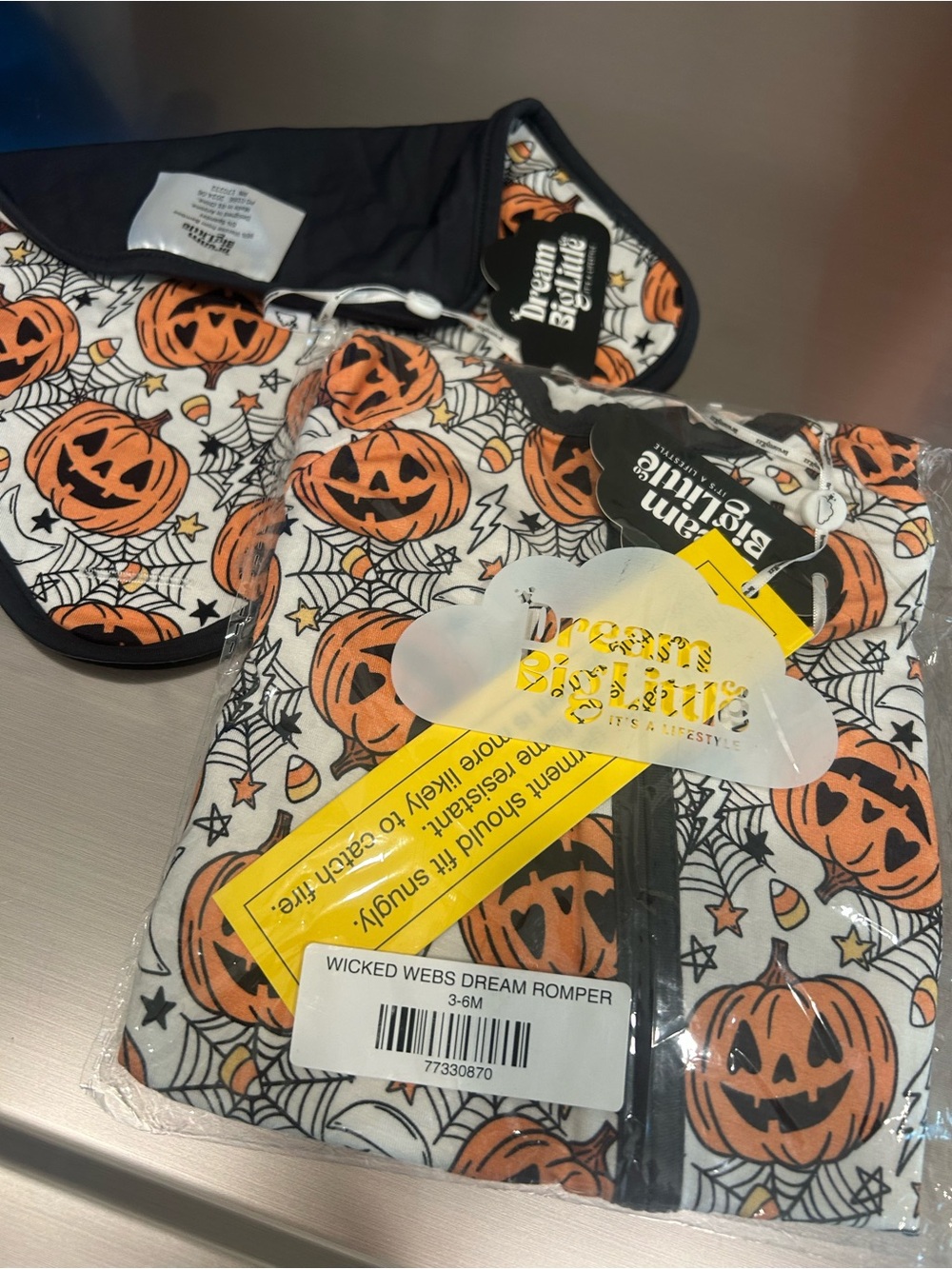 DBLC - Wicked Webs Halloween Baby Romper - Pumpkin Print 3-6 months w/ lovey